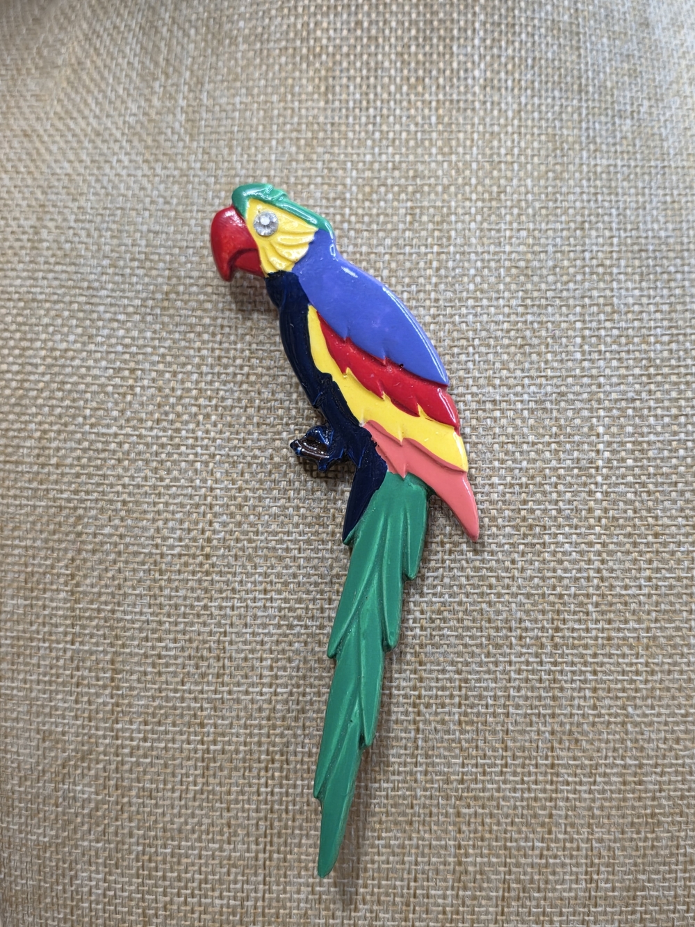 Vintage Colorful Parrot Wood Painted Brooch - Green, Blue, Red, Yellow